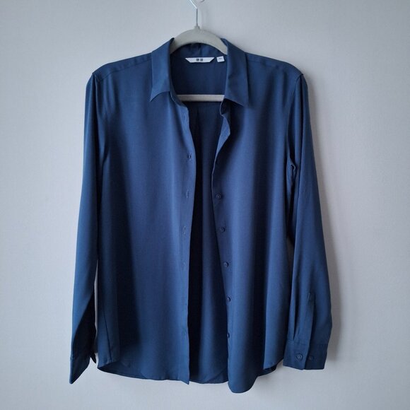 Uniqlo WOMEN'S RAYON LONG SLEEVE BLOUSE - Size S (Blue) - Picture 2 of 8